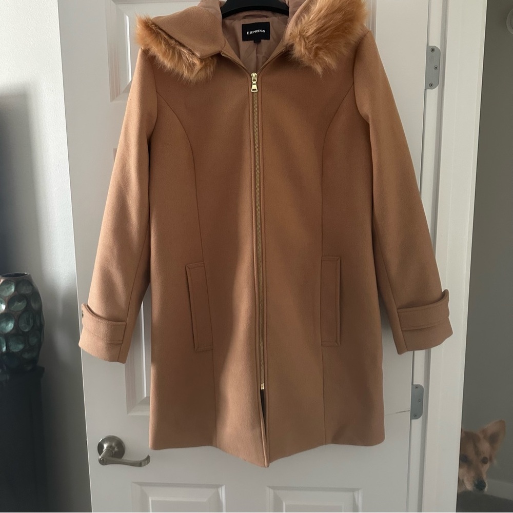 Express Tan Wool Coat with fur hood